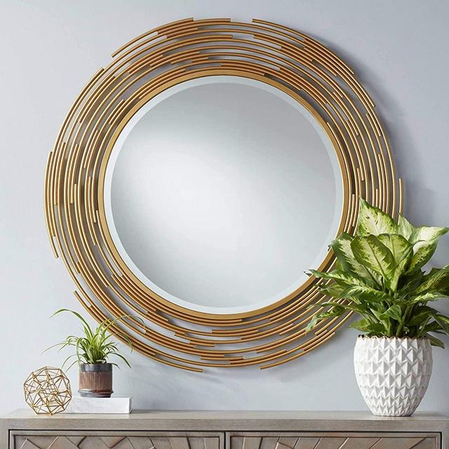 Possini Euro Design Rinaldi Round Vanity Decorative Pipe Wall Mirror Modern Chaotic Gold Layered Iron Frame Beveled Glass 34" Wide for Bathroom Bedroom Living Room Home House Office Entryway