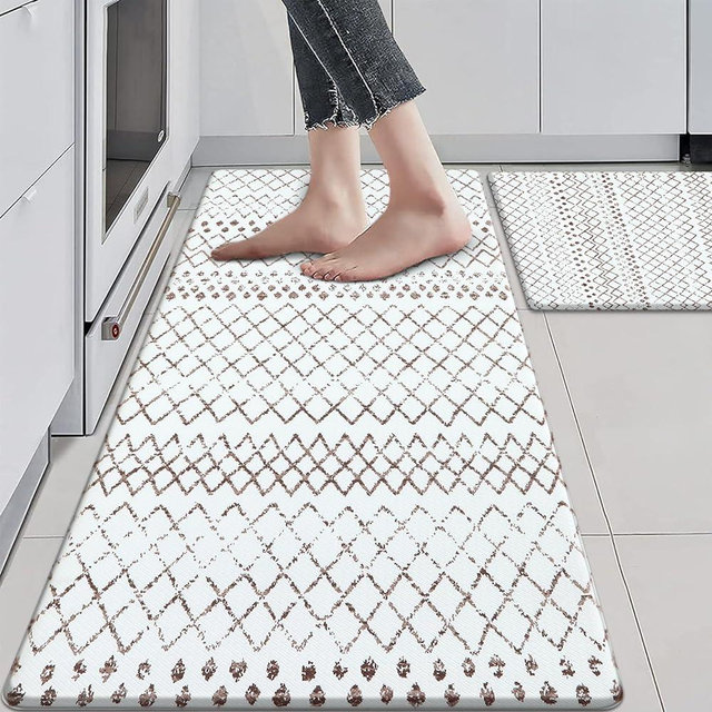 KIMODE Kitchen Mats 2PCS,Cushioned Anti Fatigue Boho Kitchen Rugs and Mats,Non Slip Waterproof Kitchen Mats for Floor,Comfort Foam Standing Desk Mat for Home,Office,Sink,Laundry,Brown and White