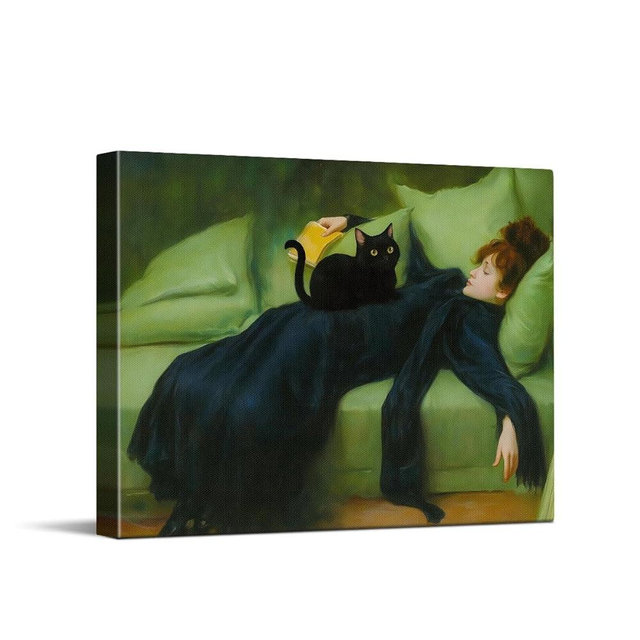 Framed Black Cat Canvas Art Print, Funny Black Cat Wall Art, Van Gogh Sleeping Reader Painting Cat Art, Eclectic Wall Art, Poster for Room, Bedroom Living Room Wall Decor, 10 x 8 Inch