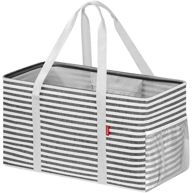 LHZK Standing Extra Large Utility Tote Bag with Metal Wire Frame and the Sides Rinforced, Extra Large Tote Bag with Handle, Reusable Grocery Bags Foldable, Beach Bag, Car Tote, Black | Metal Wire Frame