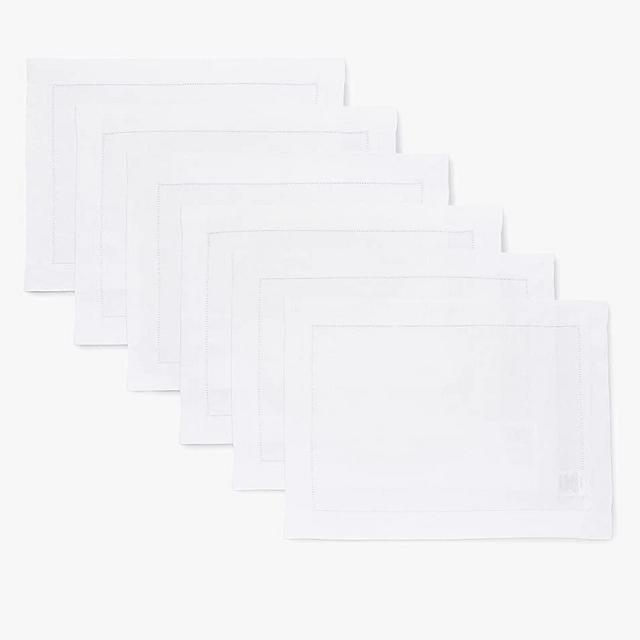 Solino Home Linen Placemats 14 x 19 Inch – 100% Pure Linen White Table Placemats for Spring, Summer – Handcrafted from European Flax and Machine Washable – Set of 6 Classic Hemstitch