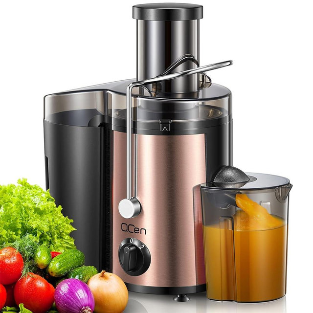 Qcen Juicer Machine, 500W Centrifugal Juicer Extractor with Wide Mouth 3” Feed Chute for Fruit Vegetable, Easy to Clean, Stainless Steel, BPA-free (Rose Gold)