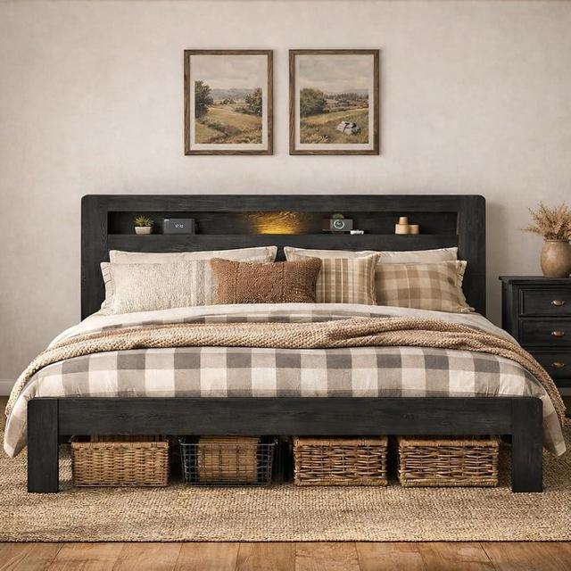 SAMTRA Wooden Bed Frame King Size with Storage Headboard - Farmhouse Platform Bed Frame with Bookcase Shelf & Led Lights, Sturdy Wood Slat Framework Bed Frame (Black LED)