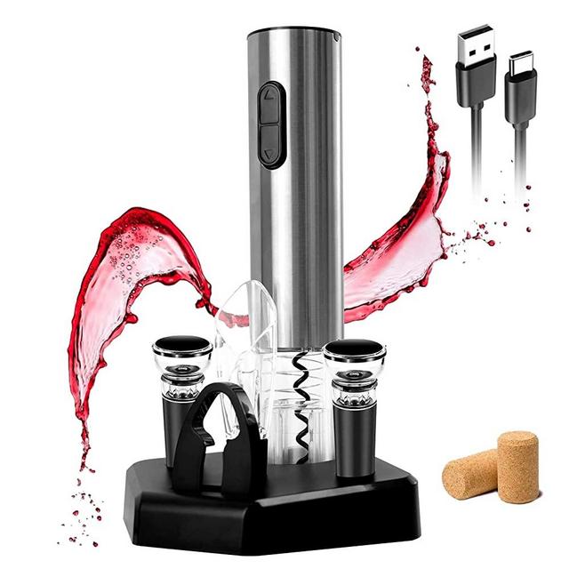 Wine Gift-Rocyis Electric Wine Opener Set-Cordless Wine Corkscrew Bottle Opener with Charging Base Type-C USB, Foil Cutter, Aerator Pourer, Vacuum Stoppers (6 piece)