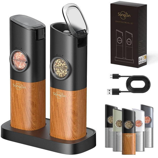 [Upgraded Larger Capacity] Sangcon Gravity Electric Salt and Pepper Grinder Set, USB Rechargeable With Dual Charging Base, Automatic One Hand Operation, Adjustable Coarseness, Classic Wood Grain