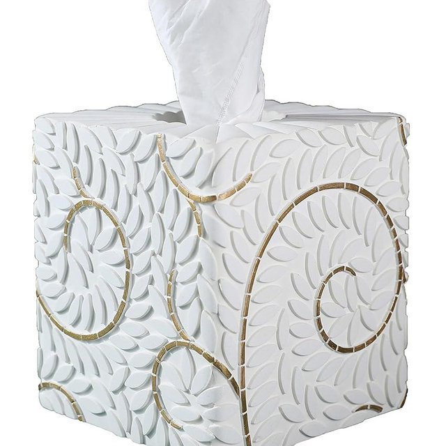 Huitony Square Tissue Box Cover Decorative Klenex Box Holder for Bathroom & Living Room with Handcrafted Texture (White&Gold)