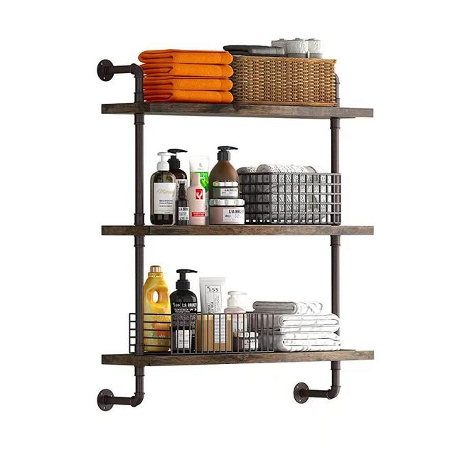 Helsin 3 Tier Industrial Pipe Shelf Rustic Wood Floating Shelves,Wall Display Bookshelf,Storage Rack Sundries Holder for Kitchen Office Bathroom Organization and Home Decor (24inch)