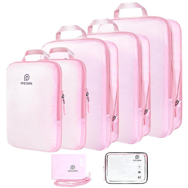 PFEYRPK Lightweight Compression Packing Cubes for Suitcases, Compressible Expandable Travel Packing Organizer with Clear Toiletries and Backpack Bag, Travel Essentials for Carry on Luggage 7 Set
