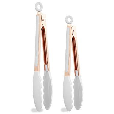 COOK with COLOR Stainless Steel Silicone Tipped Kitchen Food BBQ and Cooking Tongs Set of Two 9” and 12” for Non Stick Cookware, BPA Fee, Stylish, Sturdy, Locking, Grill Tongs, Rose Gold and White