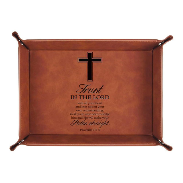 Christian Gifts,Leather Tray Engraved Personalized Tray,Bible Verse Faith Religious Birthday Inspirational Gifts,Valet Desktop Storage Organizer (Proverbs 3:5-6)
