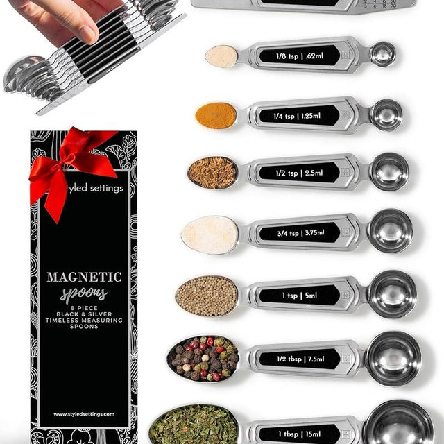 Magnetic Measuring Spoons Set Stainless Steel - 8-Piece Heavy Duty Metal, BPA-free, Stackable, Double Sided Measuring Spoons with Leveler for Dry and Liquid Ingredient - Fits in Spice Jars
