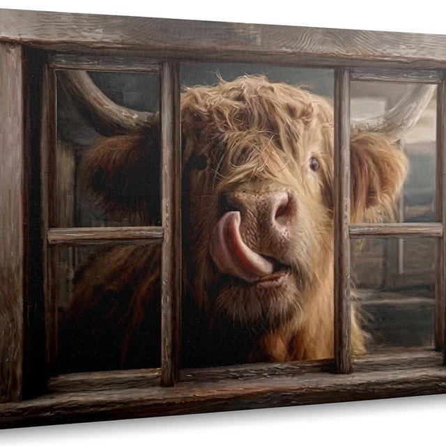 Scottish Highland Cow Oil Painting Canvas Print, Rustic Wood Window Peeking Cow Wall Art, Vintage Farmhouse Animal Decor Framed Artwork for Bathroom Bedroom Kitchen, Funny Highland Cow Wall Decor