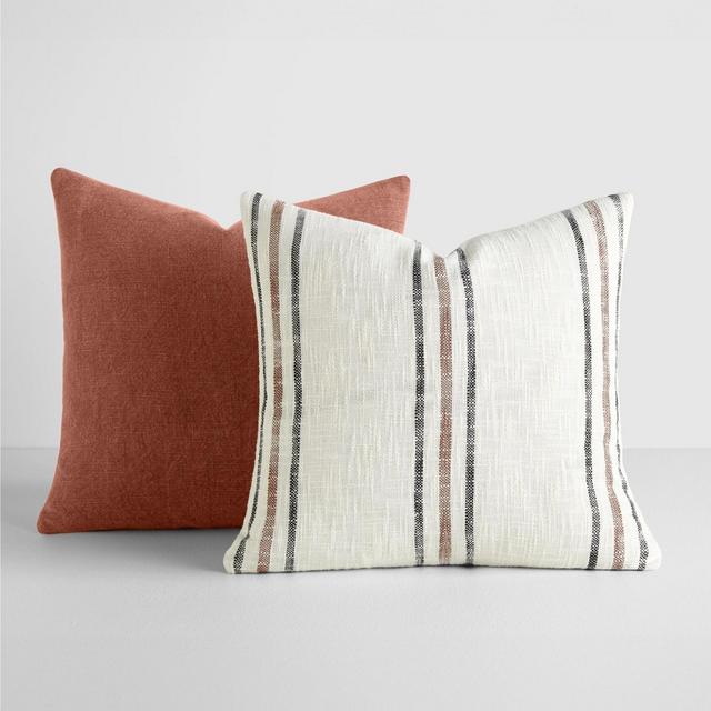 2-Pack Yarn-Dyed Patterns Terracotta Throw Pillows in Yarn-Dyed Framed Stripe & Solid - Becky Cameron, Terracotta Yarn-Dyed Framed Stripe / Solid