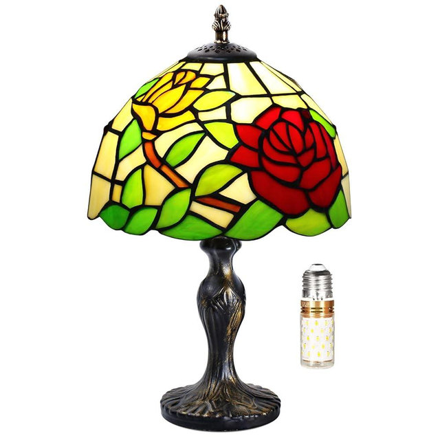 MIAOKE Stained Glass Table Lamp,Stained Glass Crystal Bead Style Table Light,Handmade Desk Bedside Night Light,Antique Art Craft Gifts Lover Living Room Bedroom Bookcase (A Rose)