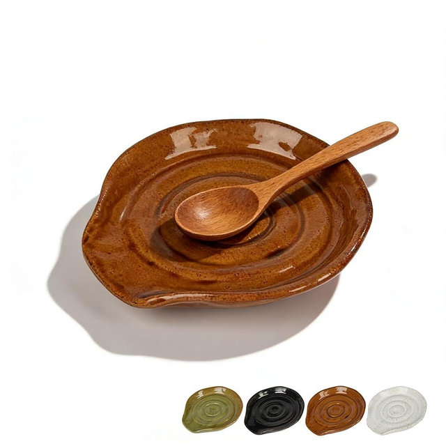 BAOBEYTI Ceramic Spoon Rest for Kitchen Counter, 5.1 Inch Porcelain Spoon Holder Kitchen Cooking and Spoon Rest for Stove Top, 1 pc, Brown