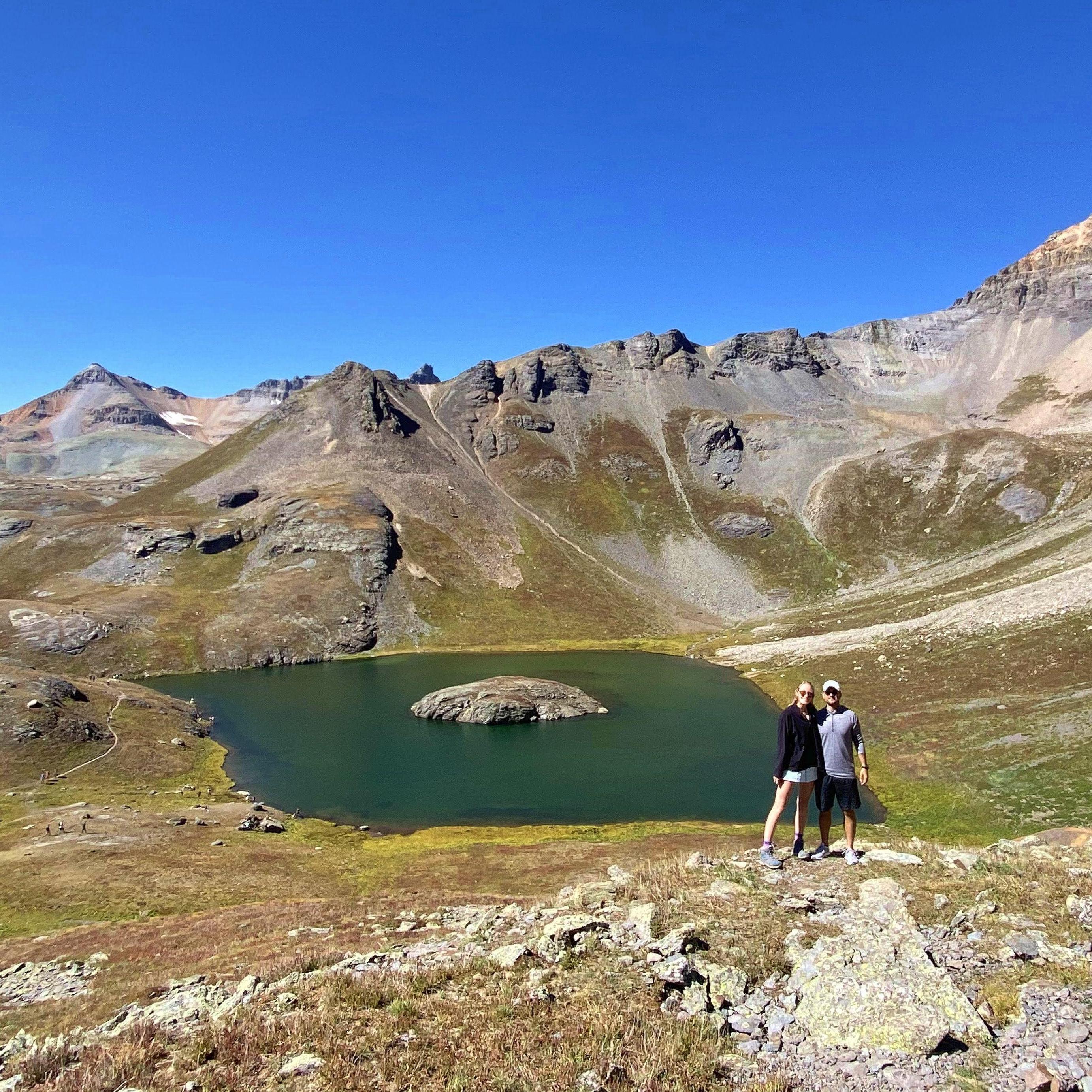 Katie dragging Mario to Ice Trails Lake in Colorado in June 2020.