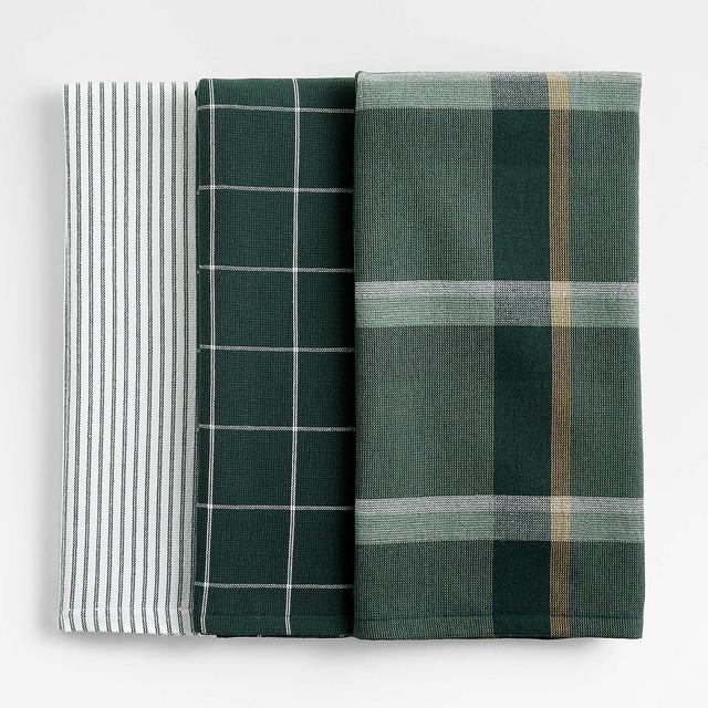 Holiday Green Plaid and Stripe Organic Cotton Dish Towel, Set of 3