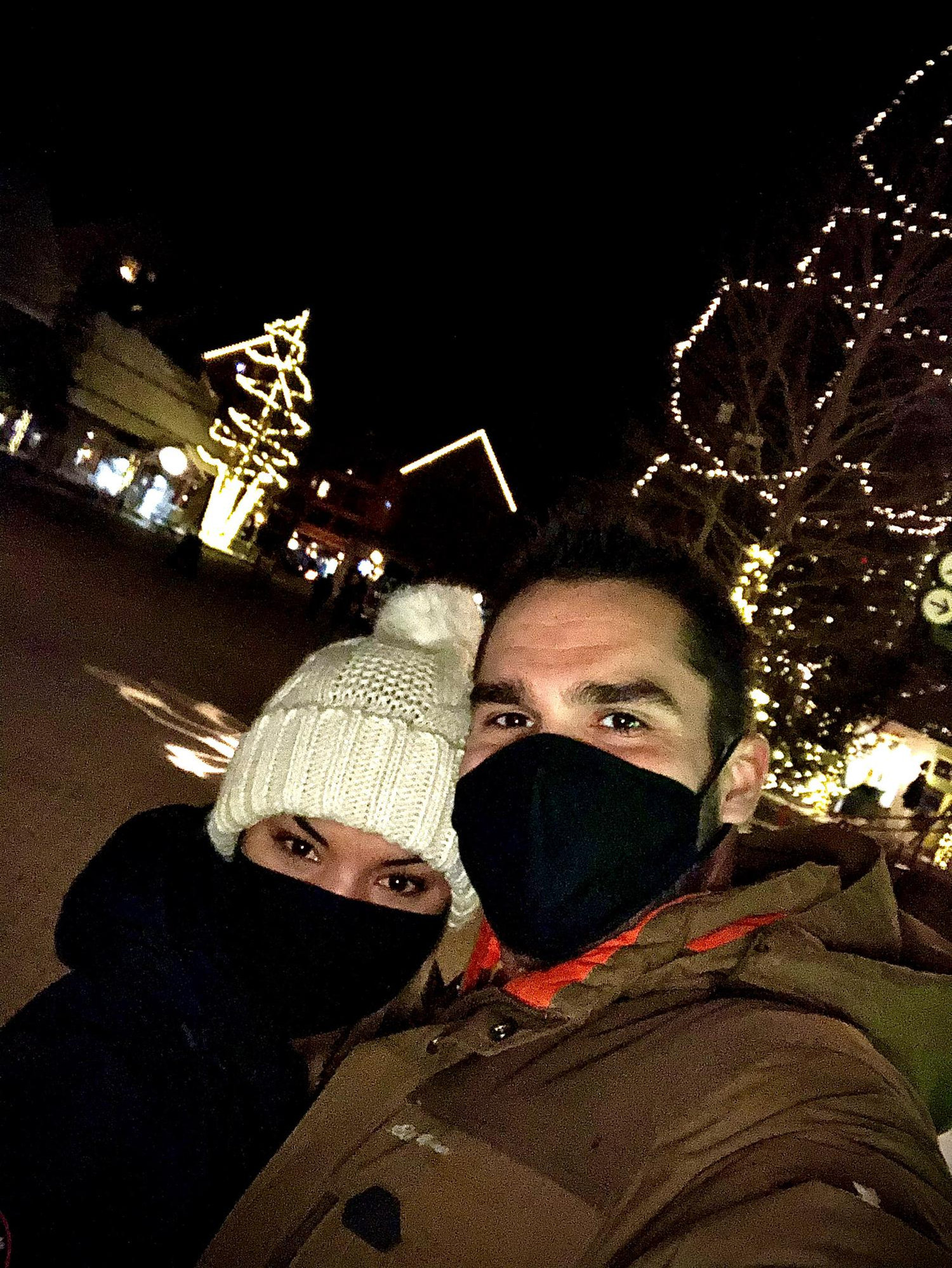 Freezing waiting for dinner social distance style during our first trip together. Keystone Colorado 12/2020