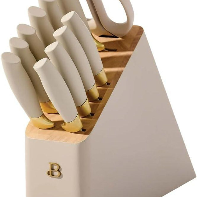Beautiful 12-Piece Stainless Steel Knife Block Set by Drew Barrymore, Soft-Grip Ergonomic Handles, Stick-Resistant Coating (Porcini)
