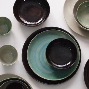 Stoneware Plates Set, Handmade Pottery, Stoneware Ceramic Plates, Ceramic Bowls. Stoneware Dinnerware Set glazed in green and black.