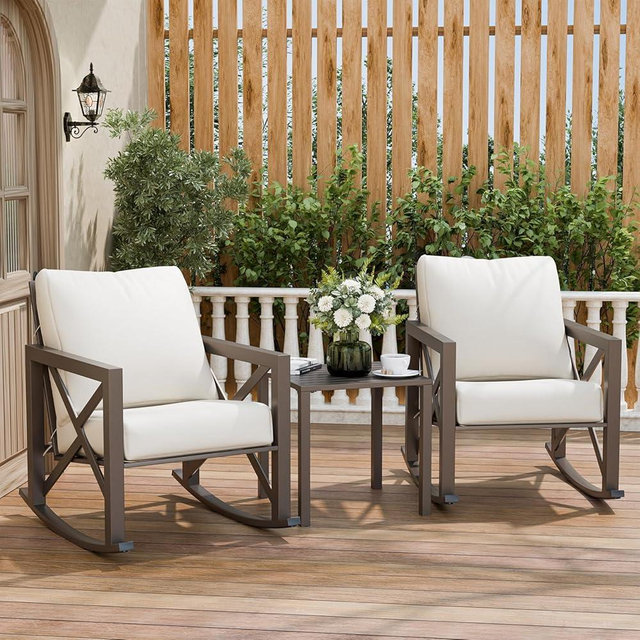 VONZOY Outdoor Rocking Bistro Set, Patio Rocking Chairs Set of 2 with Coffee Table, 3 Pieces Metal Conversation Sets with 6.5" Thick Cushions for Backyard, Porch, Poolside, Oversized (Beige)