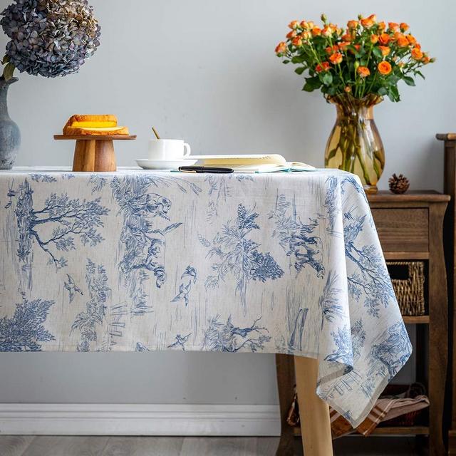 Glory Season Rustic Tablecloth Classic French Village Printed Linen Fabric Table Cover Farmhouse Decoration 55x120 Inches Rectangle/Oblong Blue for Kitchen Dining