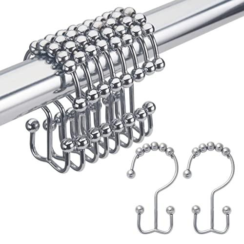 Amazer Shower Curtain Hooks Rings, Rust-Resistant Metal Double Glide Shower Hooks for Bathroom Shower Rods Curtains, Set of 12 Chrome Rings