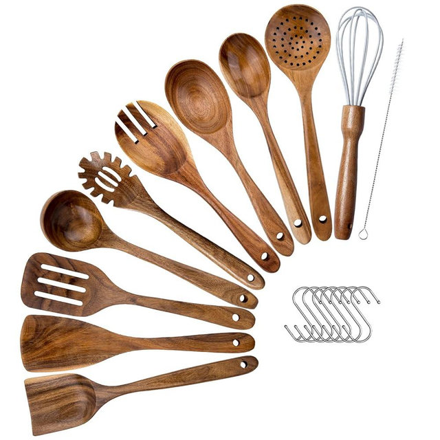 Wooden Spoons for Cooking,10pcs Natural Teak Wooden Kitchen Utensils Set Wooden Utensils for Cooking Wooden Cooking Utensils Wooden Spatulas for Cooking (10pcs Cooking Spoon Set)