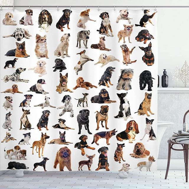 Ambesonne Dog Lover Shower Curtain, Composite Picture with Dogs Australian Sheepdog Belgian Boxer Italian Mastiff, Cloth Fabric Bathroom Decor Set with Hooks, 70" Long, Brown Black