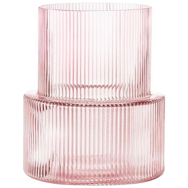 YANWE1 Pink Glass Vase, Ribbed Glass Vase, Fluted Glass Vase, Flower Vase for Bouquet, Ribbed Vase, Pink Vase for Living Room, Dining Table, Entryway, Mantle, Shelf, Wedding, Office, 7.5 Inches