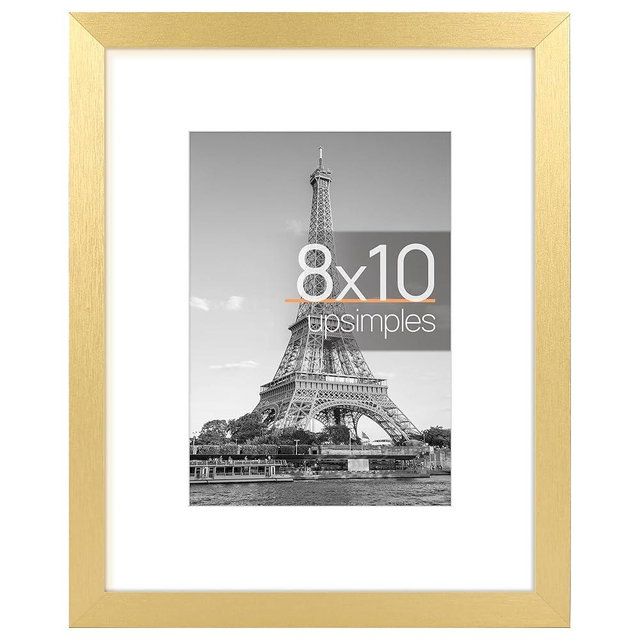 upsimples 8x10 Picture Frame, Display Pictures 5x7 with Mat or 8x10 Without Mat, Wall Hanging Photo Frame, Gold, 1 Pack
