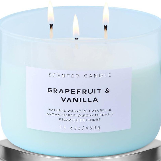 Grapefruit Vanilla 3 Wick Scented Candles - Refreshing Spring Candle - Natural Soy Candles for Home - Aromatherapy Relax Candle for Women and Men - 15.8 oz Large Calming Candle Highly Scented