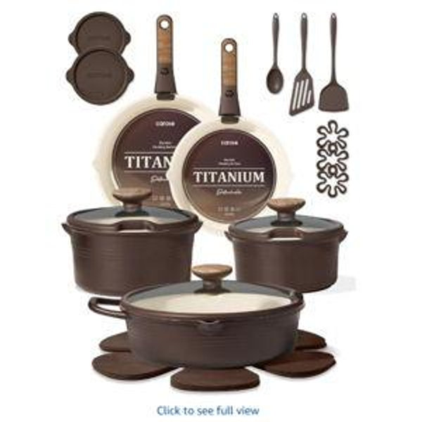 CAROTE 22Pcs Titanium Cookware Set, Pots and Pans Set Non Stick, Kitchen Cooking Set with Detachable Handle, Non Toxic Induction Cookware, Dishwasher/Oven Safe, Browm