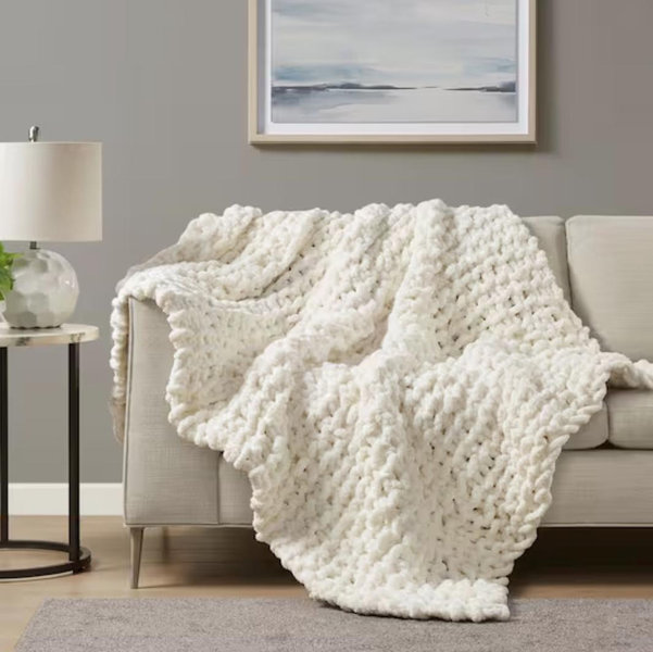 Madison Park Chenille Chunky Knit Ivory Polyester Throw Blanket