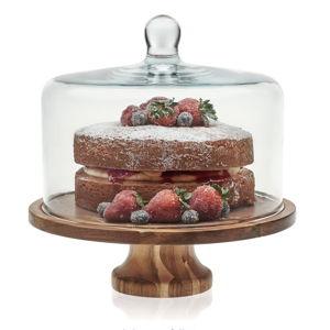 Libbey Acacia Wood Cake Stand with Lid, Footed Cake Stand With Cover, Durable Ball Top Handle Glass Dessert Dome