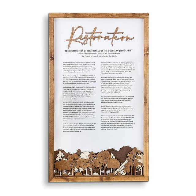 The Restoration: The Fulness of the Gospel of Jesus Christ | Framed Proclamation Sign with Multi-layered Scenes | Church of Jesus Christ LDS Wall Art | Framed LDS Artwork | 12"x20"