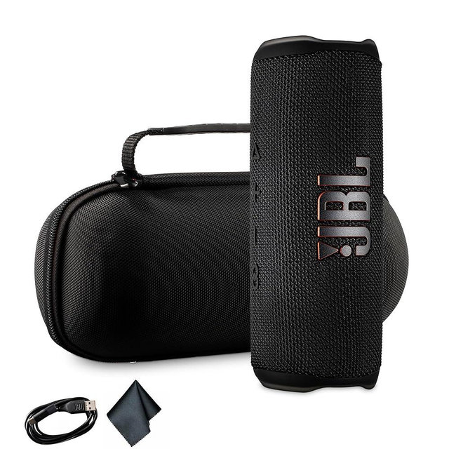 JBL Flip 6 Portable Wireless Speaker | Deep Bass Sound, IP67 Waterproof Rating | Bluetooth Audio for Outdoor, Travel, Beach, Hiking, and Home Use (Black) with Travel Case + Microfiber Cloth