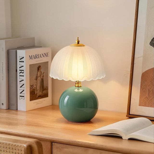 PARTPHONER Mushroom Table Lamp, Ceramic Bedside Lamp with Glass Shade, 3-Way Lighting (2700K-5000K) Rocker Switch, Small Nightstand Lamp for Bedroom, Living Room, Office, Green