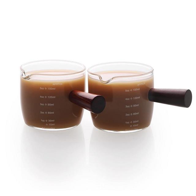 BCnmviku Espresso Shot Glass 150ML/5OZ Triple Pitcher Barista Single Spouts With Wood Handle (2)