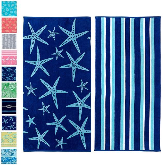 Great Bay Home 2 Pack Plush Maui Star Fish & Stripes Print Beach Towels. 100% Cotton Nautical  Beach Towels, Large Pool Towels. Maui Collection (30”x60”)