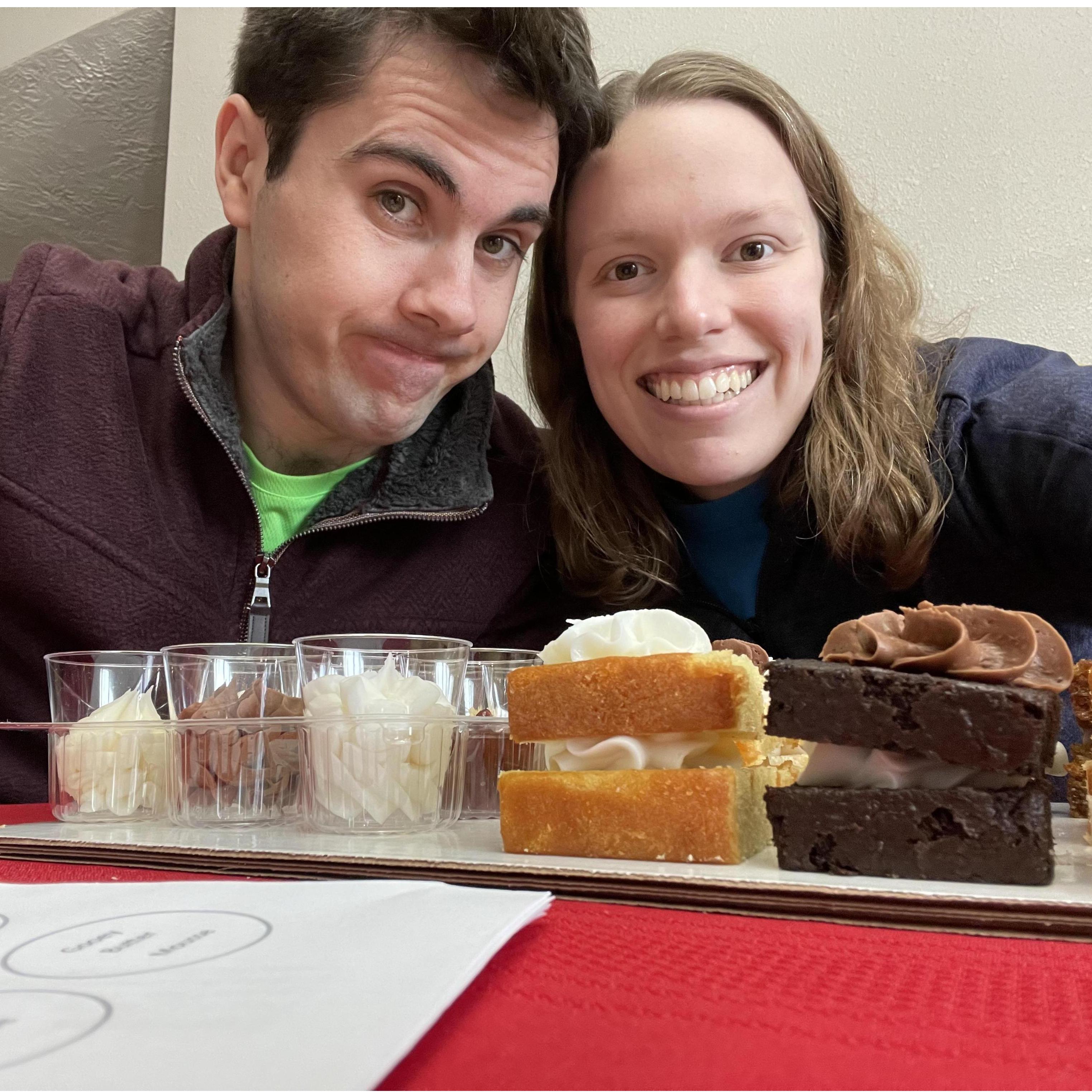 Us with our wedding cake sample platter--hope you like our choices!