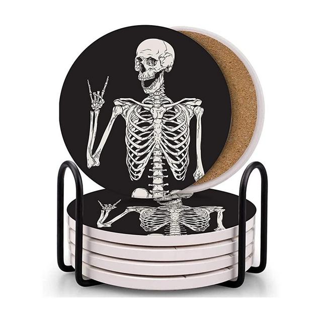 Britimes Set of 6 Coaster for Drinks Absorbent with Cork Base, Metal Holder, Round Stone Drink Mat for Wood Coffee Table, Farmhouse Gift for Birthday, Housewarming Room Bar Decor Human Skeleton