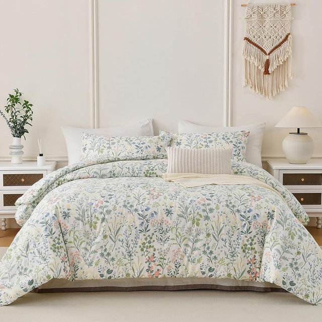 Cozaline Duvet Cover Queen Size 100% Cotton Comforter Cover Green Floral Breathable Duvet Cover with Zipper Closure & Corner Ties 3 Pcs Green Fragrant Grass Duvet Cover Set