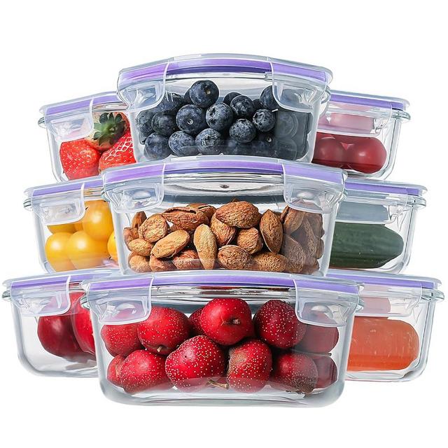 HOMBERKING Glass Food Storage Containers with Lids, [18 Piece] Glass Meal Prep Containers, Airtight Glass Lunch Bento Boxes, BPA-Free & Leak Proof (9 lids & 9 Containers) - Purple