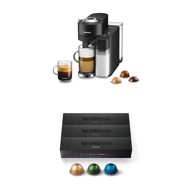Nespresso Vertuo Lattissima by De'Longhi, Black and Capsules VertuoLine, Medium and Dark Roast Coffee, Variety Pack, Stormio, Odacio, Melozio, 30 Count