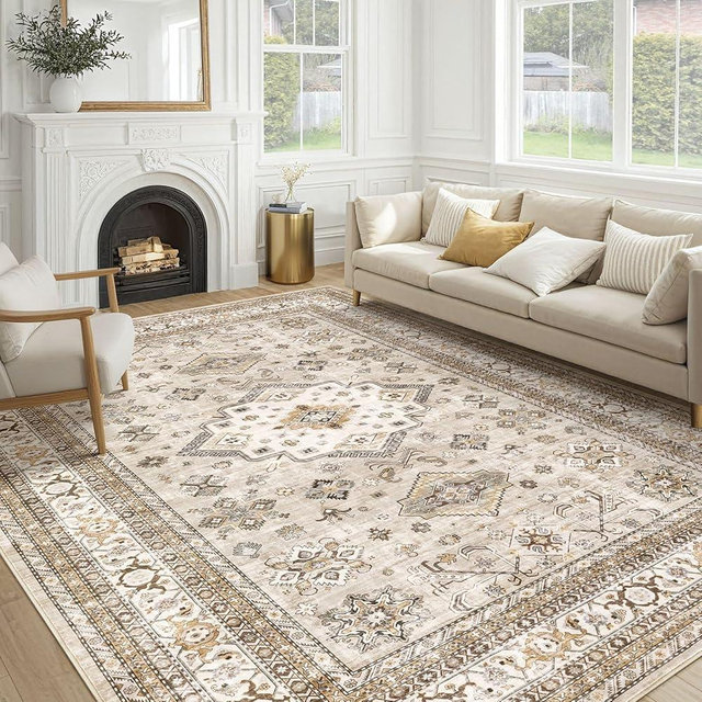 Vintage Living Room Area Rug 10x14 - Large Soft Washable Oriental Traditional Distressed Farmhouse Rugs for Bedroom - Indoor Floor Accent Carpet for Home Office House Decor - Beige
