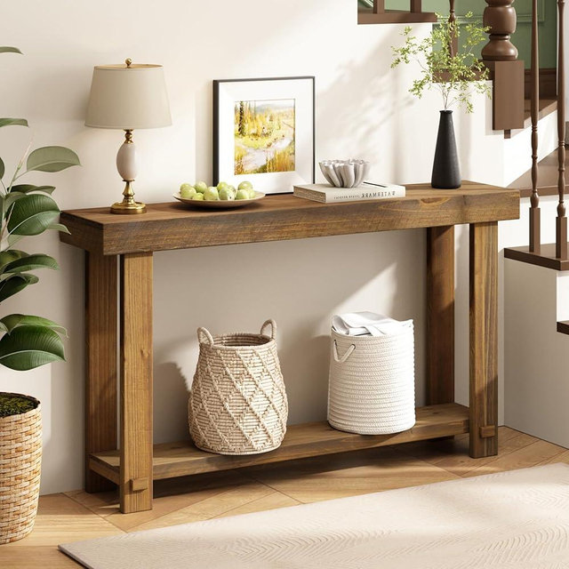 HOKYHOKY Solid Wood Console Table for Entryway, 55.1" Farmhouse Entryway Tables with Thickened Tabletop and Legs Rustic Narrow Skinny Behind Couch Long Sofa Table for Living Room, Hallway, Foyer