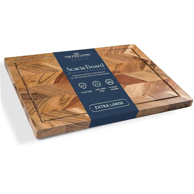 The Fine Living Co. Large Cutting Board, Acacia Wood Meat Chopping Board, Butcher Block with Juice Groove, Chevron Chequered Style, 1" Thick & Food-grade Serving Board, 16"x12"