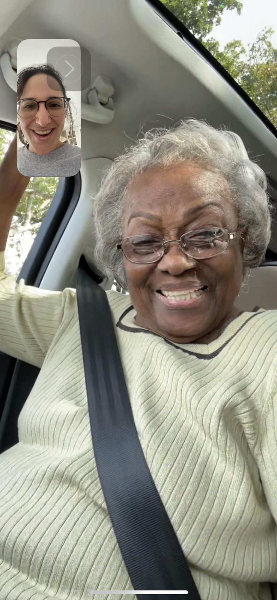 Grammy and Natalie call Kamila on their way to select our reception linens