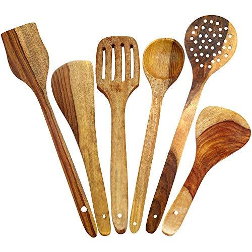 WhopperIndia Wooden Healthy Cooking Utensils Set - Wooden Spoons and Spatula Utensil Set - Wood Nonstick Cooking Spoons for Kitchen 6 Piece